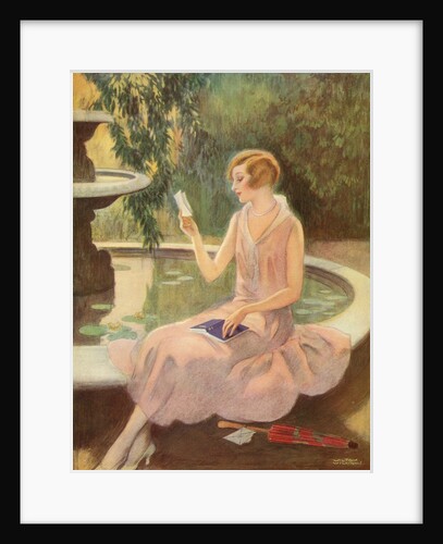 Young woman reading a love letter by a fountain
