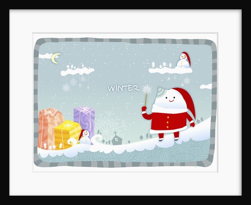 Snowman wearing santa clothes with blue winter background by Anonymous