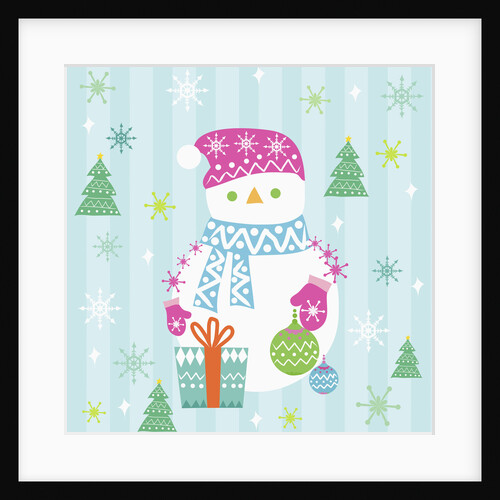 Snowman and gift with blue background by Anonymous