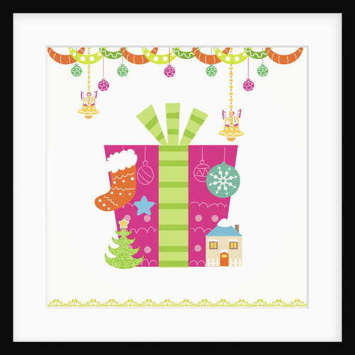 Christmas with pink gift box and decorations by Anonymous