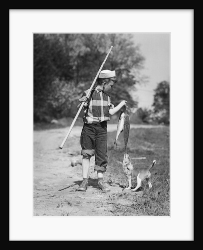 1950s boy plaid shirt sailor hat fishing pole dog pulling on tail of caught fish by Anonymous