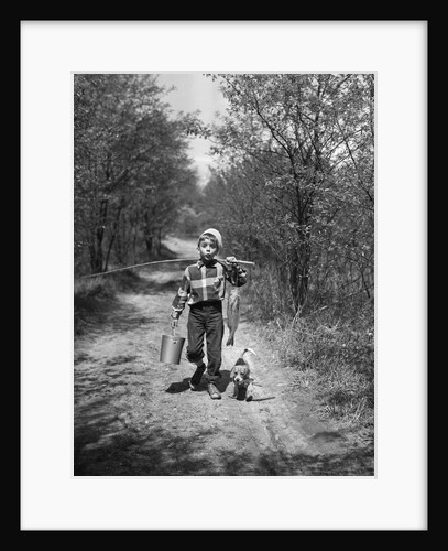1950s boy beagle puppy walking down country road whistling carrying fishing pole pail fish by Anonymous