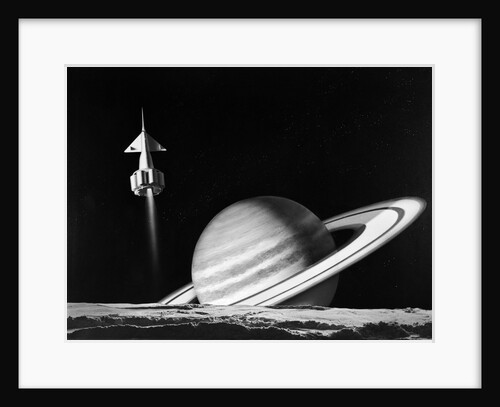 1960s space rocket flying past saturn with surface of another planet in foreground by Anonymous