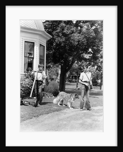 1940s boy with fishing gear collie dog second boy mowing grass with push mower by Anonymous