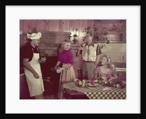 1950s 2 couples cooking picnic in rustic kitchen drinking beer by Anonymous