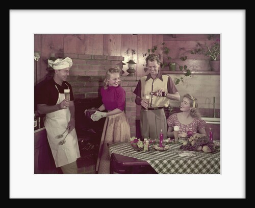 1950s 2 couples cooking picnic in rustic kitchen drinking beer by Anonymous