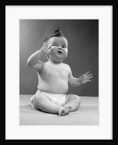 1950s full figure baby sitting gesture hand touching cheek face expression funny by Anonymous