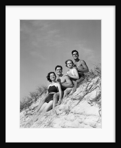 1930s group young men women posed on beach sand dune by Anonymous