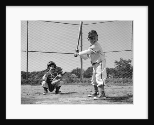 1960s two boys playing baseball batter and catcher at home plate by Anonymous