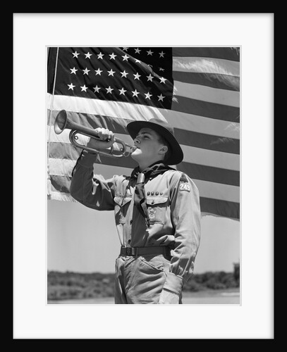 1940s boy scout playing bugle in front of 48 star american flag by Anonymous