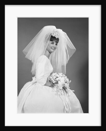 1960s bride portrait in wedding dress veil bridal bouquet by Anonymous