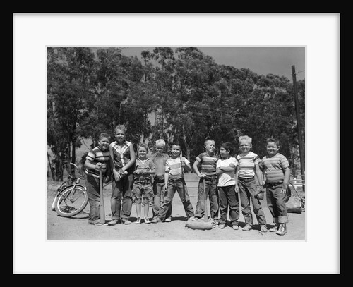 1950s line-up of 9 boys in tee shirts with bats & mitts facing camera by Anonymous