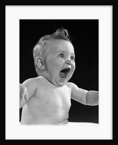 1950s happy baby head laughing with mouth wide open by Anonymous