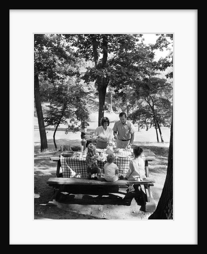 1960s 1970s family of five at table in park under trees having picnic by Anonymous