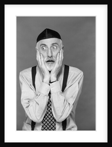 1990s portrait jewish man gray beard wearing yarmulke both hands on face funny expression oy vey shock fear worry despair by Anonymous