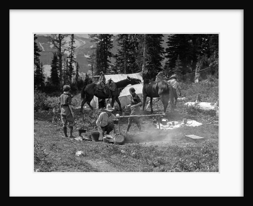 1920s group men women at rough campsite cooking fire horses campfire wilderness adventure cowboy tent canada assiniboine by Anonymous