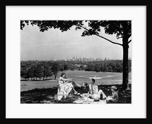 1930s 1940s family picnicking under a tree in fairmont park with skyline of philadelphia pa on horizon by Anonymous