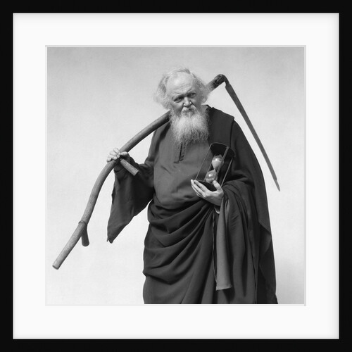 1930s elderly white-bearded man in long robe carrying scythe and hourglass by Anonymous