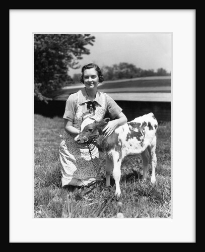 1940s 1950s farm woman in apron kneeling in the grass with young jersey calf by Anonymous