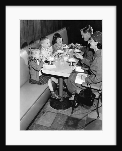 1950s family eating ice cream at a diner by Anonymous