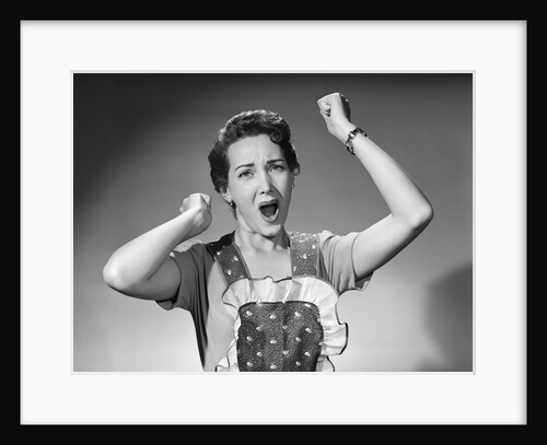 1950s woman in apron ruffled edge fists up in air yelling screaming angry housewife by Anonymous