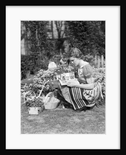 1930s 1940s woman dressed in print dress striped apron kneeling in flowers garden reading a gardening manual by Anonymous