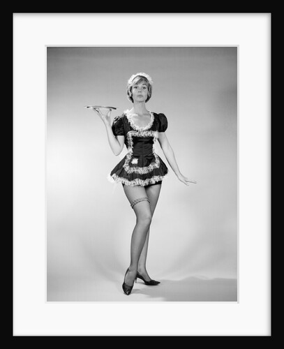 1960s nonplused blonde woman character wearing french maid costume looking at camera by Anonymous