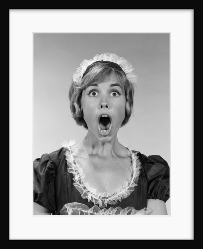 1960s woman in maid uniform eyes and mouth wide open looking at camera by Anonymous