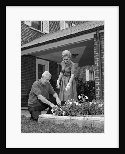 1960s senior couple man woman planting flower garden by Anonymous