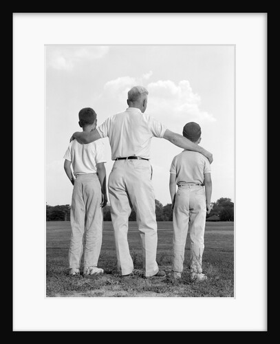 1960s back view grandfather with two grandsons boys by Anonymous