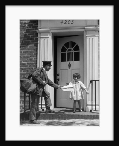 1920s smiling little girl receiving mail from postman by Anonymous