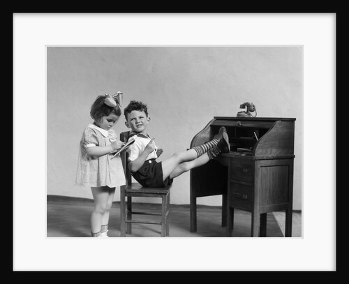 1930s two children boy and girl playing office boss feet on desk secretary taking dictation by Anonymous