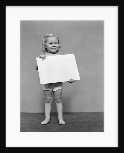 1940s blond toddler girl holding blank card sign by Anonymous