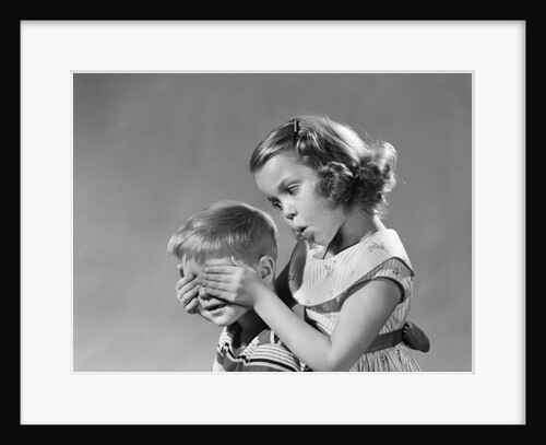 1950s 1960s guess who girl holds her hands over boys eyes blind game teasing playing boy girls by Anonymous