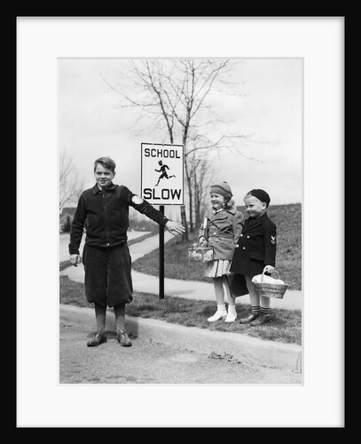 1930s two children boy girl waiting to cross street crossing guard by Anonymous