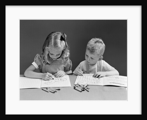 1940s two children coloring drawing in book by Anonymous