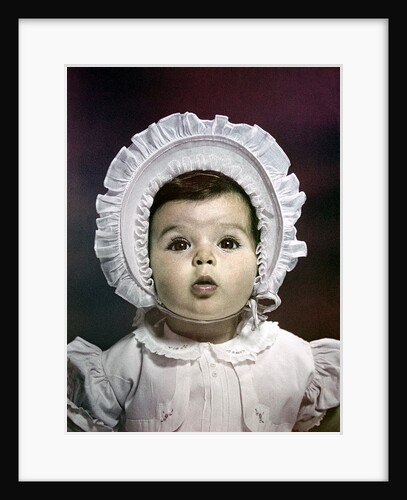 1940s 1950s cute baby round face lacy ruffled dress big bonnet hat by Anonymous