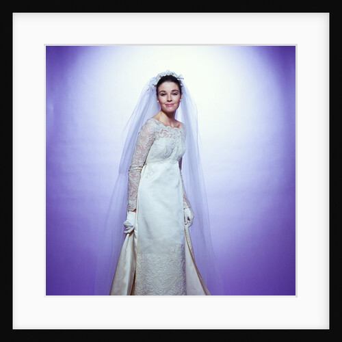 1960s young woman bride portrait bridal veil empire waist gown lace bodice by Anonymous