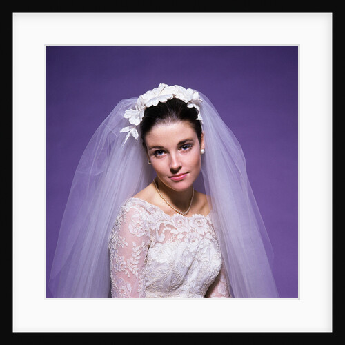 1960s young woman bride portrait bridal veil head shoulders smiling pearls by Anonymous