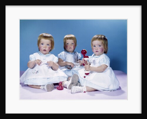 1950s 1960s three girls triplets red hair wearing dresses portrait by Anonymous