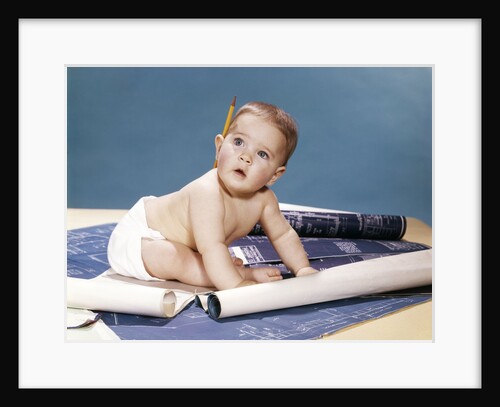 1960s baby architect sitting among blueprints by Anonymous
