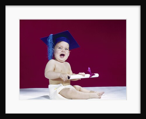 1960s crying baby holding diploma wearing graduation cap by Anonymous