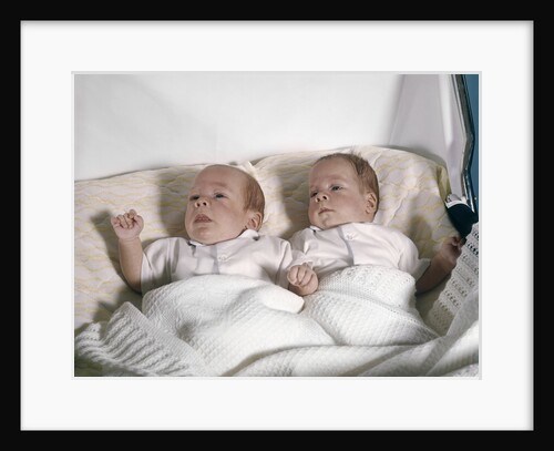 1950s 1960s twin babies lying in pram by Anonymous