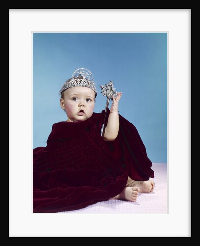 1960s baby dressed as royal queen in a velvet robe cloak cape rhinestone tiara crown and scepter wand by Anonymous