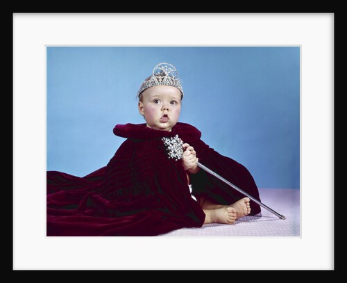 1960s baby dressed as royal queen in red velvet robe cloak cape rhinestone tiara crown and scepter wand by Anonymous