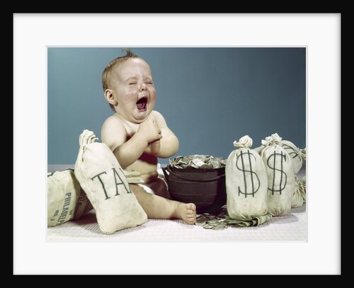 1960s baby crying laughing mouth wide open with pot of coins and bags of money including bag labeled tax by Anonymous