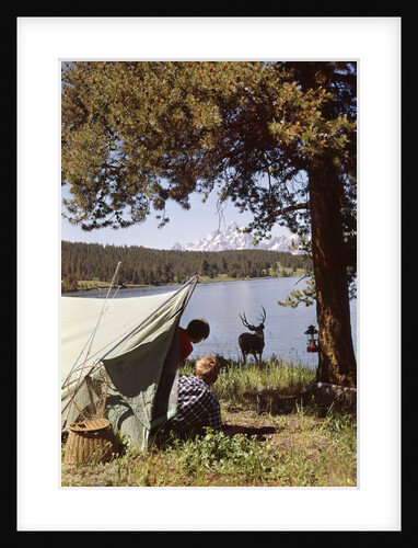 1950s grand teton national park wyoming two children in tent looking at deer by lake by Anonymous