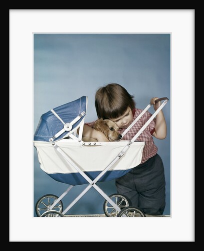 1950s 1960s little girl hugging cocker spaniel puppy riding in a baby carriage studio by Anonymous