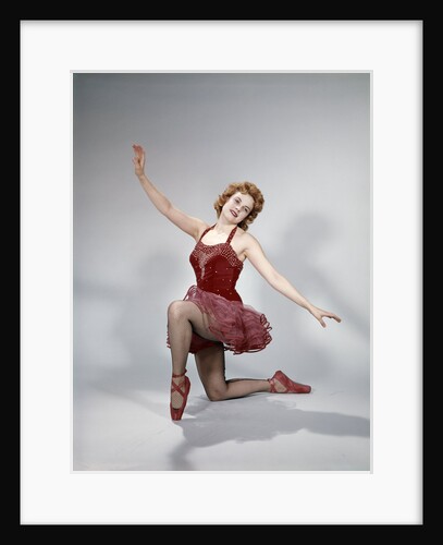 1960s teen girl red velvet costume pink net tutu kneeling ballet dance pose bow by Anonymous