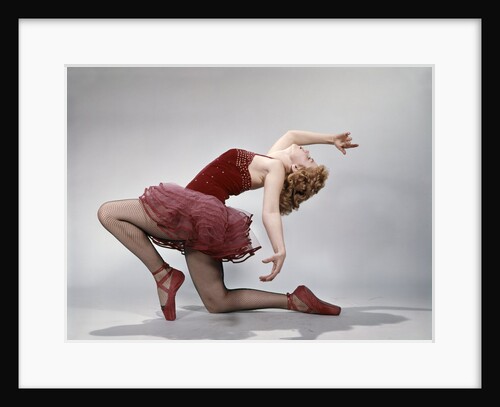 1960s teen girl layback position red velvet costume pink net tutu ballet attitude by Anonymous